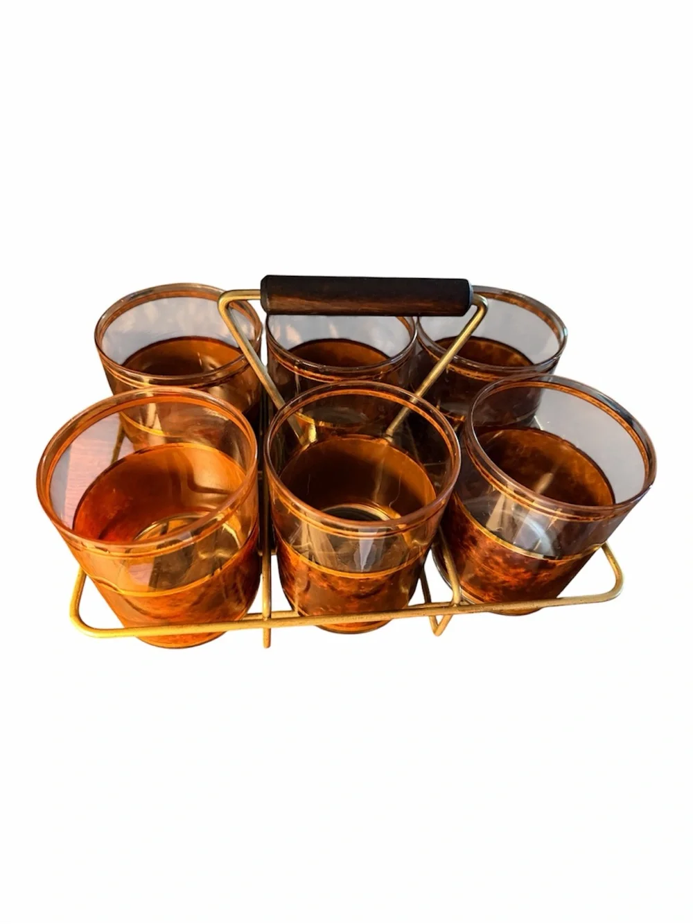 Vintage Mid-Century Culver Tortoise Shell Lowball Glasses with Brass Carrier
